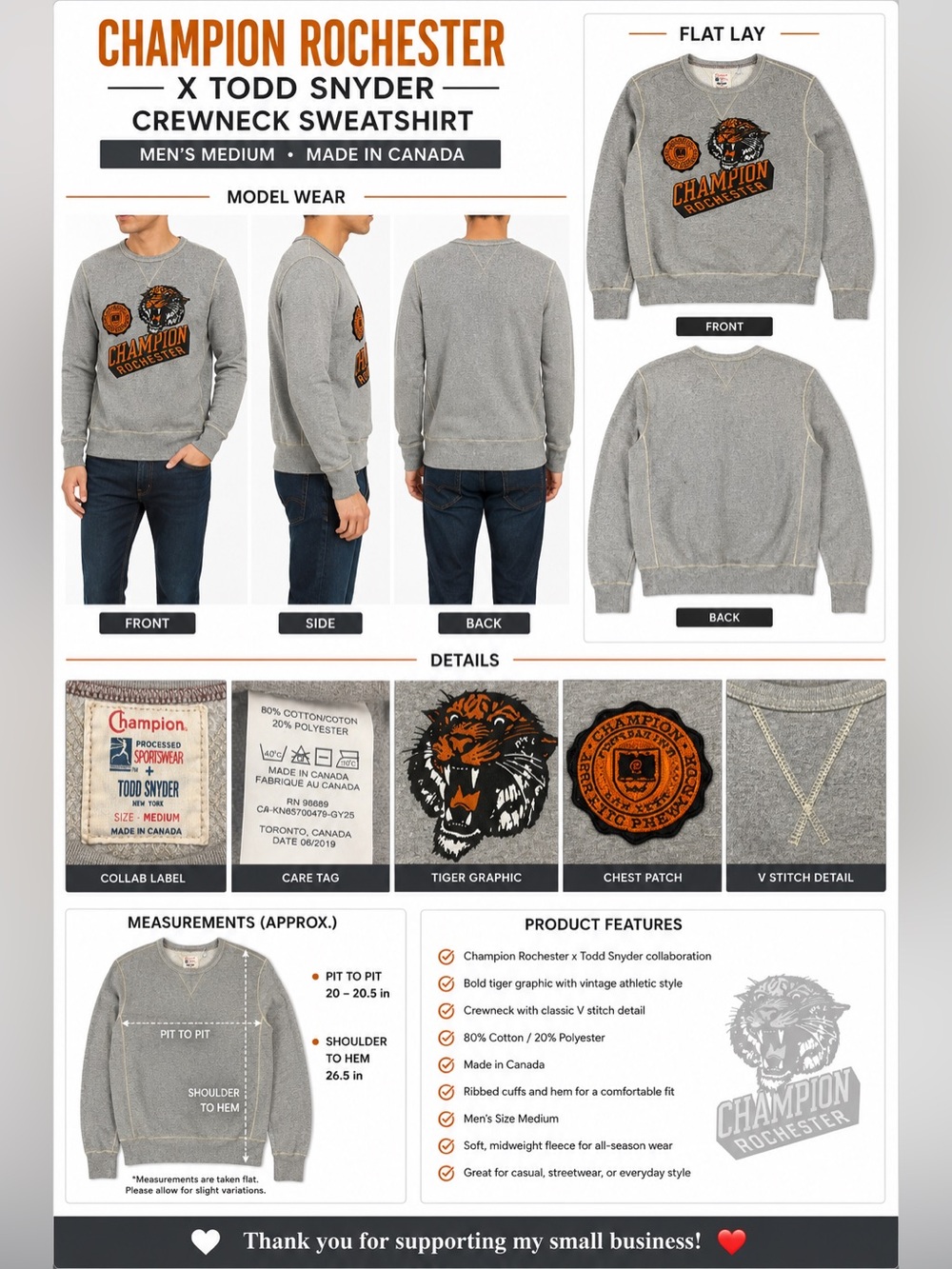 Champion Rochester x Todd Snyder Tiger Graphic Crewneck Sweatshirt Gray Men's M